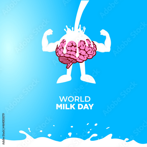 World milk day, Strong arms and Brain concept. Template for background, banner, card, poster. Vector illustration.
