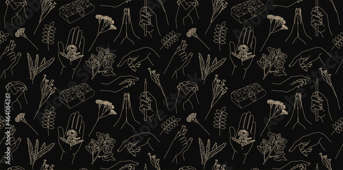 Seamless pattern with female hands and flowers. Vector illustration. Linear hand drawings. Collection of illustrations for packaging design for hand care products.