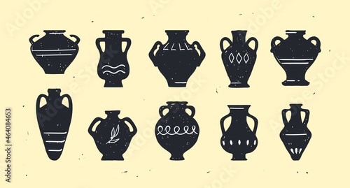 Antique ceramic set of vases in different sizes and shapes. Dark silhouettes of vases, amphorae and old jugs on a light background. Hand-drawn isolated vector pottery with white decoration and texture