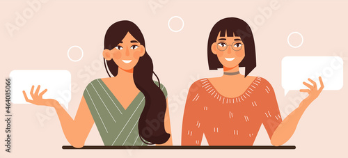 Two girls communicate. Dialogue, communication of friends. Women discussing news. Characters standing holding blank speech bubbles. Cartoon flat vector illustration isolated on white background