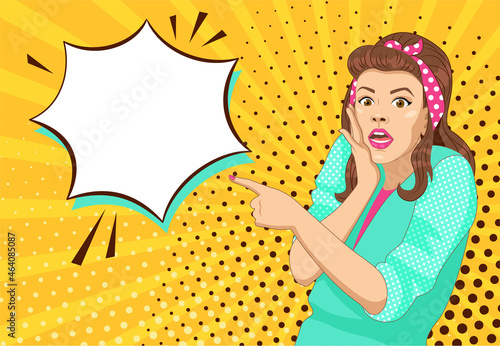 Vector pop art portrait. A surprised woman points to a place for text. Incredible sale store discount black friday cyber monday promotional banner