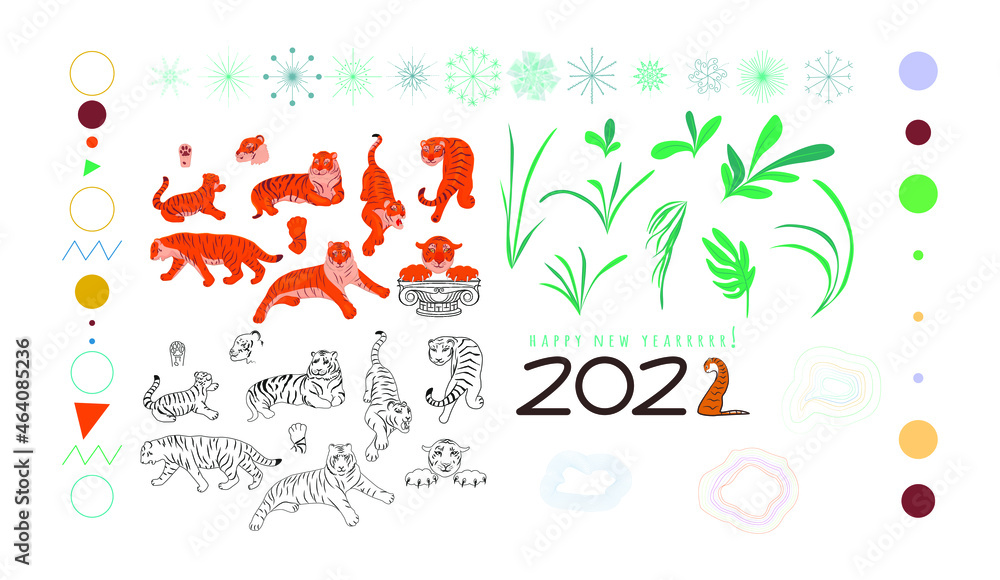 Naklejka premium A set for creativity. Leaves, tigers, circles, zigzags, curves, antique column, snowflakes, triangles