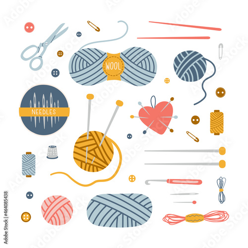 Colorful set of sewing threads, skeins of woolen yarn and tools for needlework. Trendy  hand drawn vector illustration. All objects are isolated