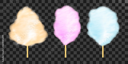 Cotton candy set. Realistic orange, pink, blue cloud of sugar on a wooden stick. Realistic illustration isolated on transparent background