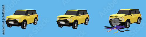 Cartoon vector or illustration. Status of the yellow car from normal car to the car was slightly damaged. until the car was severely damaged Damage the entire front.