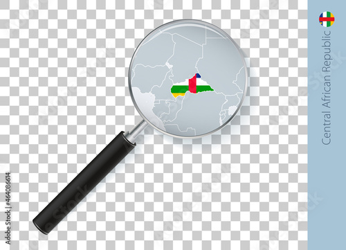 Central African Republic map with flag in magnifying glass on transparent background.
