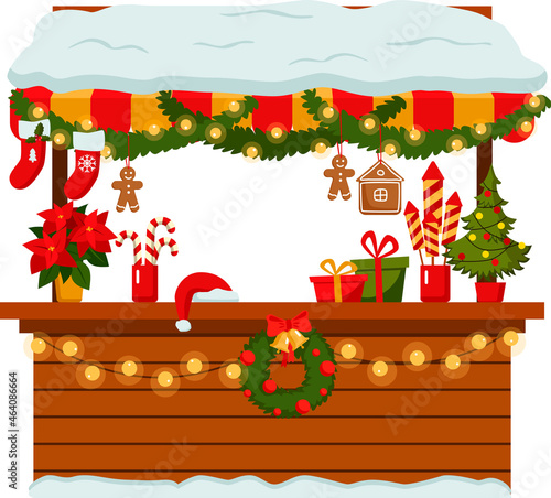Christmas Market Stall. Outdoor festival stand. Kiosks. Souvenir kiosk. Winter. Vector illustration