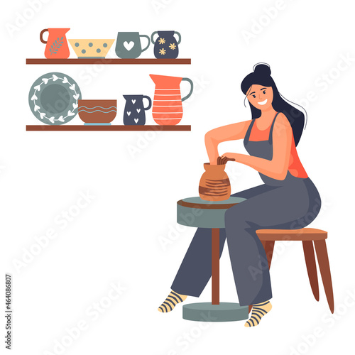 A happy young woman making a ceramic pot on the pottery wheel in the workshop. Vector illustration