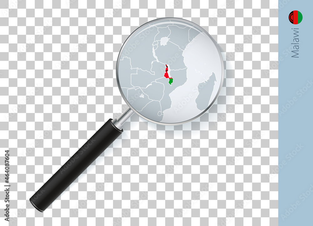 Malawi map with flag in magnifying glass on transparent background. Malawi map with flag in magnifying glass on transparent background.