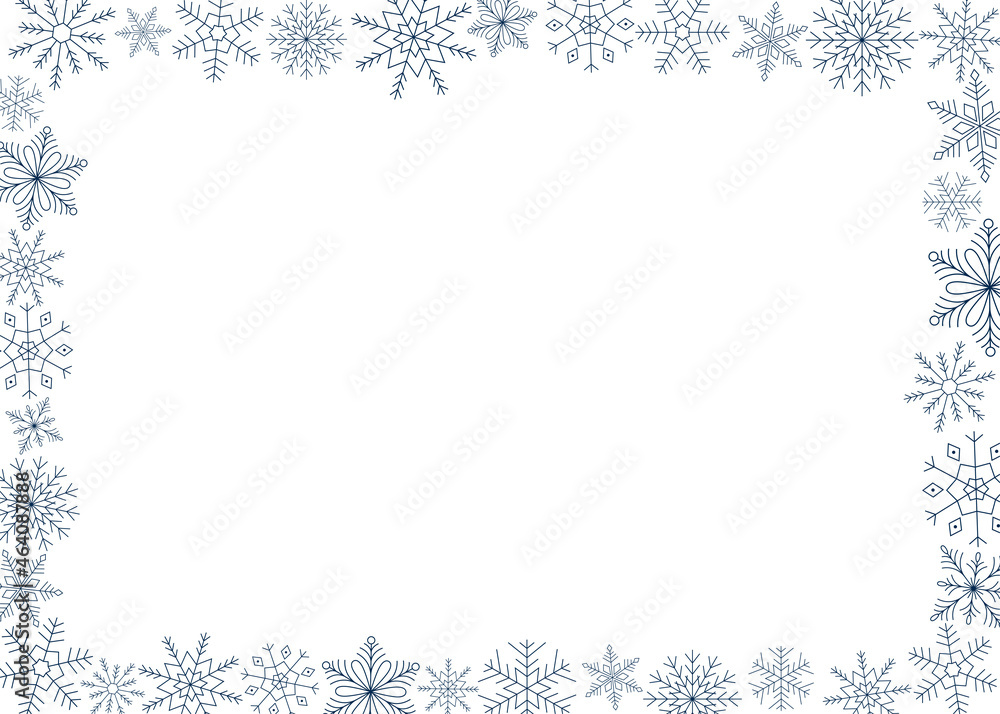 Horizontal frame of blue snowflakes. Line art. Ice crystal winter symbol. Template for winter design. 
