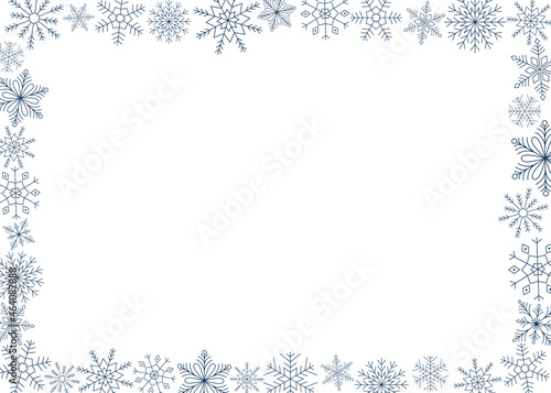 Horizontal frame of blue snowflakes. Line art. Ice crystal winter symbol. Template for winter design. 