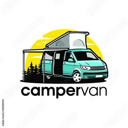 Campervan camping adventure outdoor vector ready made logo illustration 