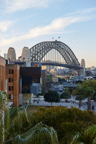 Elevated view of Sydney Harbour Bridge and The Rocks on dusk photo