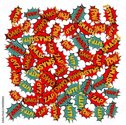 WTF POW OMG ZAP POW Comic lettering Vector cartoon illustration in retro pop art style on halftone background