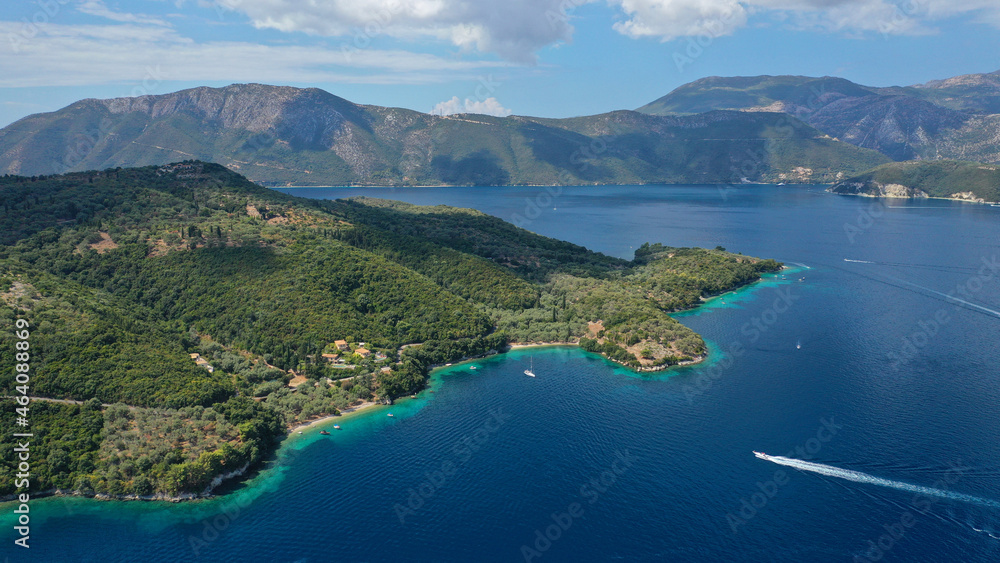 Aerial drone photo of fjord looking paradise bays in island of Meganisi a true sail boat and yacht calm sea anchorage protected by winds, Ionian, Greece