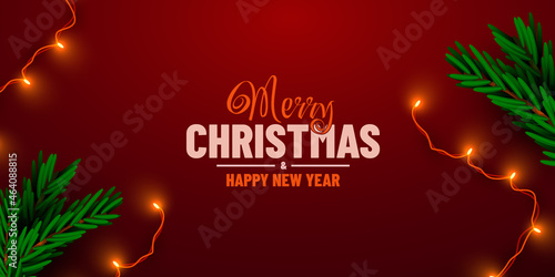 Christmas tree border with festive garland on red background.