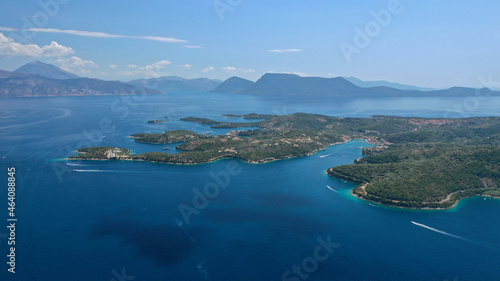 Aerial drone photo of fjord looking paradise bays in island of Meganisi a true sail boat and yacht calm sea anchorage protected by winds, Ionian, Greece © aerial-drone