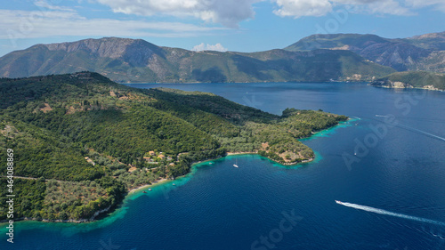 Aerial drone photo of fjord looking paradise bays in island of Meganisi a true sail boat and yacht calm sea anchorage protected by winds  Ionian  Greece