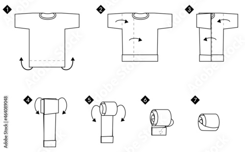 Instruction how to fold t-shirt. Compact clothes storage vector monochrome black line illustration.