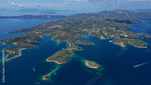 Aerial drone photo of fjord looking paradise bays in island of Meganisi a true sail boat and yacht calm sea anchorage protected by winds, Ionian, Greece