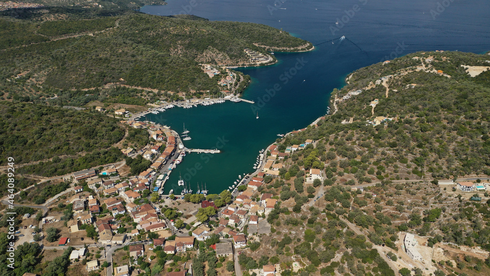 Aerial drone photo of fjord bay and port of Vathi a natural sail boat anchorage in island of Meganisi, Ionian, Greece