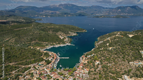 Aerial drone photo of fjord bay and port of Vathi a natural sail boat anchorage in island of Meganisi, Ionian, Greece © aerial-drone