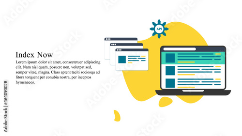 Flat style illustration of webpage indexing in search engine through index now API can be used in banners, infographics, landing pages and presentation.