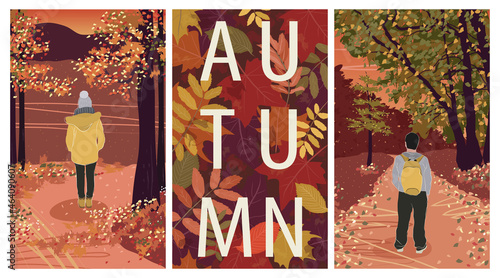 Set of illustrations of a persons walking in the autumn forest. Abstract landscape with trees in orange, red and golden tones and sunset sky. Abstract background with lettering and fall season foliage