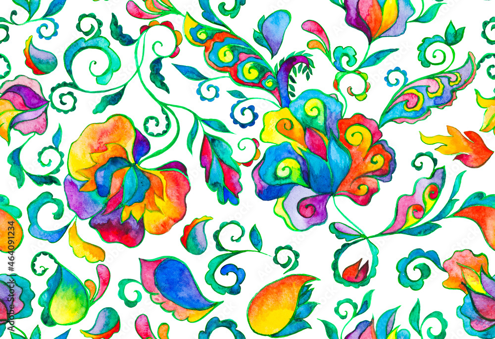 Obraz premium Paisley watercolor floral pattern tile: flowers, flores, tulips, leaves. Oriental indian traditional hand painted water color whimsical seamless print, ceramic design. Abstract india batik background