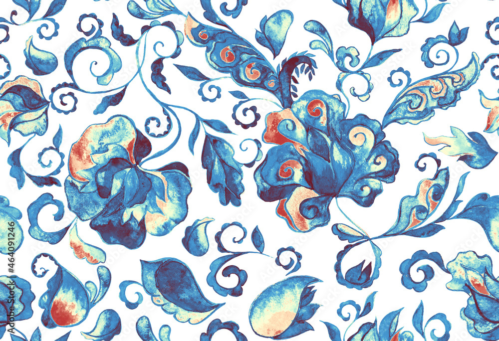 Fototapeta premium Paisley watercolor floral pattern tile: flowers, flores, tulips, leaves. Oriental indian traditional hand painted water color whimsical seamless print, ceramic design. Abstract india batik background