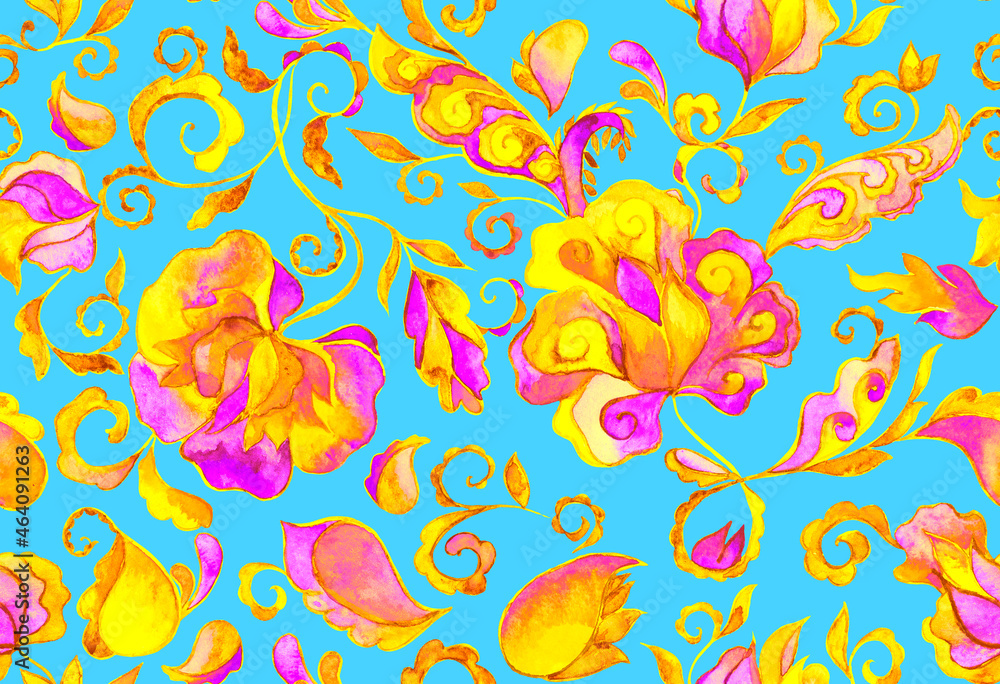 Naklejka premium Paisley watercolor floral pattern tile: flowers, flores, tulips, leaves. Oriental indian traditional hand painted water color whimsical seamless print, ceramic design. Abstract india batik background