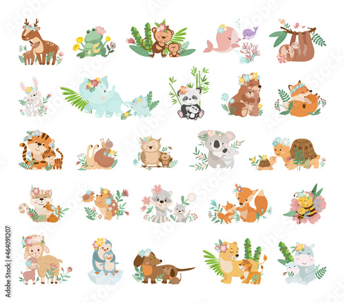 Cute cartoon illustrations of animals with their children. Vector collection of mums and babies hugging each other.