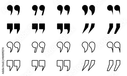 Set of Quotation Mark Line and Silhouette Icon. Quote Mark Symbols Collection on White Background. Punctuation Icon of Speech. Double Comma Signs of Quote. Isolated Vector Illustration