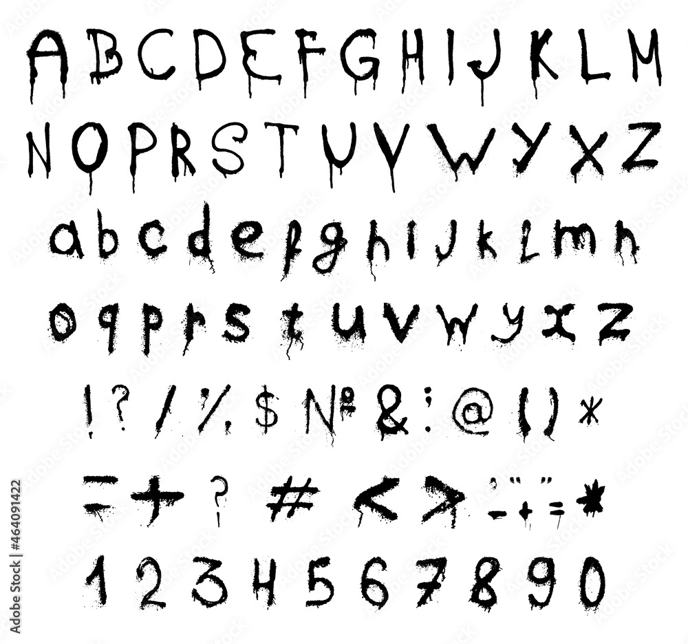 Set of letters, numbers and punctuation marks in grunge style. The alphabet with ink drips. Set of letters, numbers and punctuation marks in grunge style. The alphabet with ink drips.