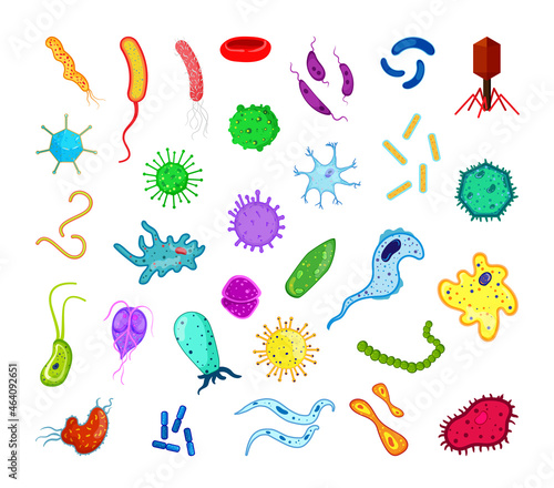 Vector collection of bacteria and viruses. Colorful icons isolated on white background.