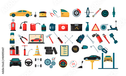 Collection of illustrations of car service. Colorful objects of auto parts, repair, tools. Autoservice elements isolated on white background.