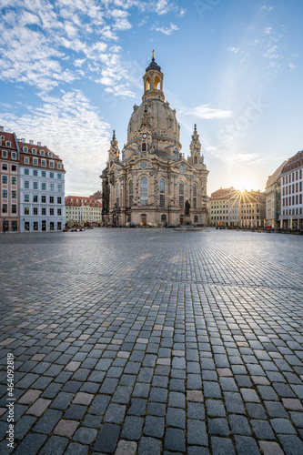 Dresden Frauenkirche (Church of Our Lady) and Neumarkt square at sunrise, Saxony, Germany