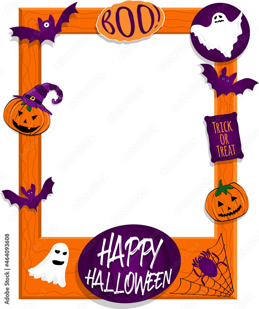 Fototapeta premium Orange halloween photo frame poster with pumpkins, bats, spider and ghosts. Photoboth concept