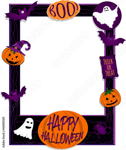 Black halloween photo frame poster with pumpkins, bats, spider and ghosts. Photoboth concept photo