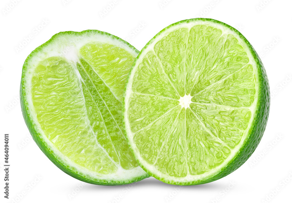 Isolated limes. Whole lime fruit and slices isolated on white background with clipping path Isolated limes. Whole lime fruit and slices isolated on white background with clipping path