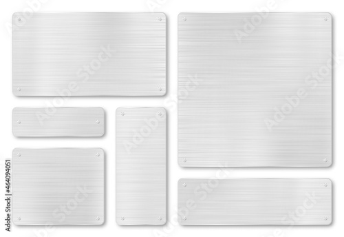 Set of metal plaques, banners and tags. Metal plate and plaque with realistic steel texture and scratches. Metal background with silver stainless texture. Vector