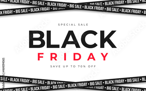 Black Friday background. Crossed ribbons and stripes with text on white background. Black Friday promotional banner with space for text. Vector