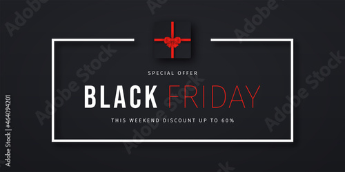 Black Friday banner. Gift box with red bow on dark background. Black Friday horizontal promotion banner in rectangle frame. Luxury background for Black Friday sale. Vector