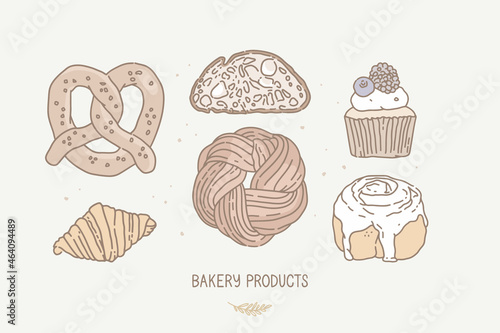 Vector illustration,  outline drawing. Set of hand-drawn icons. Bakery products, pastries. Pretzel, bread, berry muffin, croissant, babka, cinnamon bun with frosting. Homemade cakes, holiday recipes.