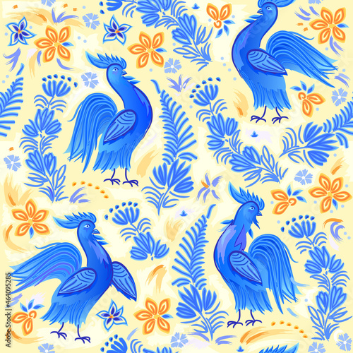 Rich decorated seamless pattern. Fantastic ornament with French folk painted cock. Floral motifs. Ethnic print for fabric, wallpaper and textile. Beautiful ornate background. Vector illustration.