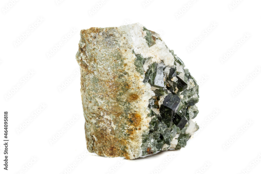Macro mineral tourmaline stone on white background Macro mineral tourmaline stone on white background