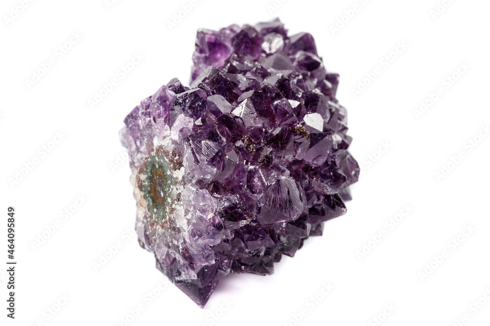 Macro mineral stone Amethysts eye crystals on white background Macro mineral stone Amethysts eye crystals on white background