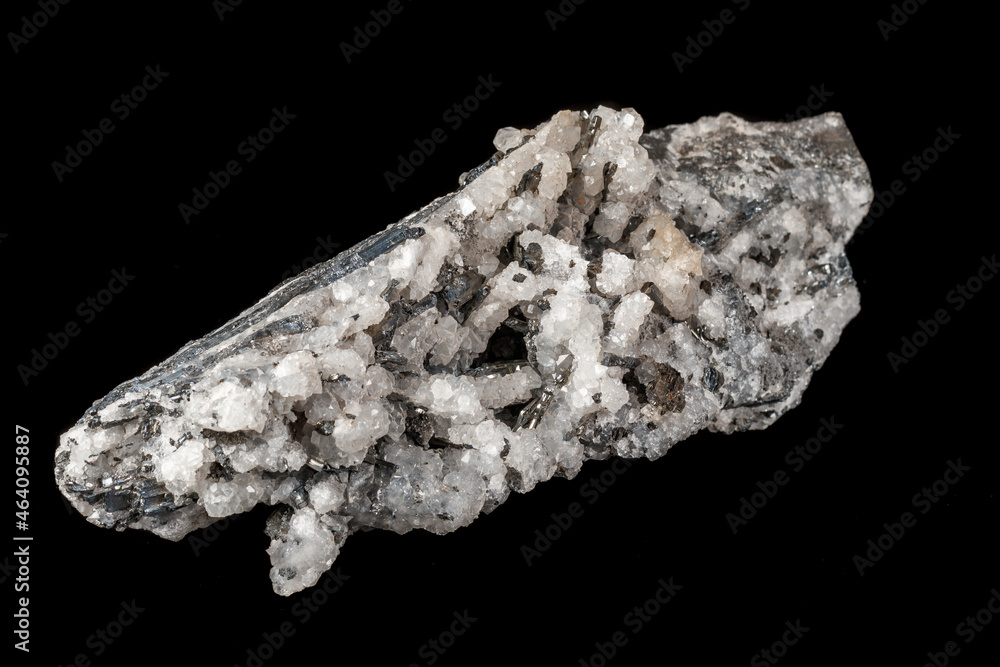 Macro mineral stone Stibnite quartz on a black background Macro mineral stone Stibnite quartz on a black background