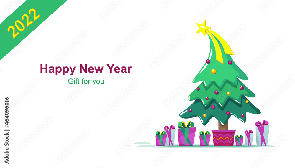 Merry Christmas and Happy New Year. Christmas tree with gifts. Gifts for the holiday. Present.
