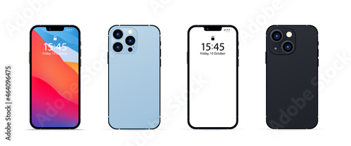 Smartphone frameless with screen saver front, back and side view isolated. Realistic trendy no frame smartphone. Mockup of realistic and detailed new mobile phone. Vector mobile set device.